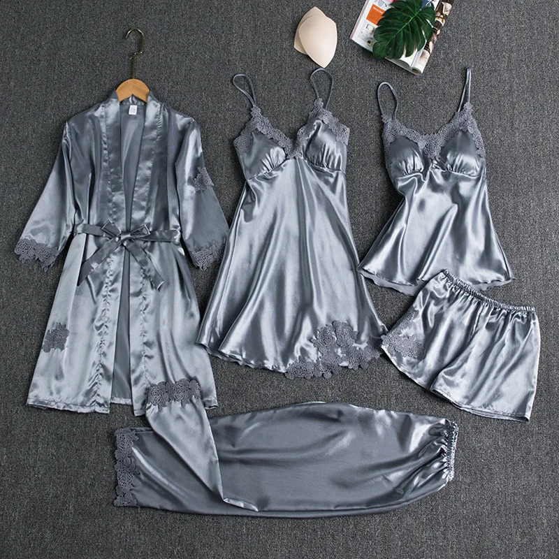 5PC sexy and fashionable silk sleepwear set with lace satin for spring ansummer womens clothing camisole skirt pajama bathrobe 250319