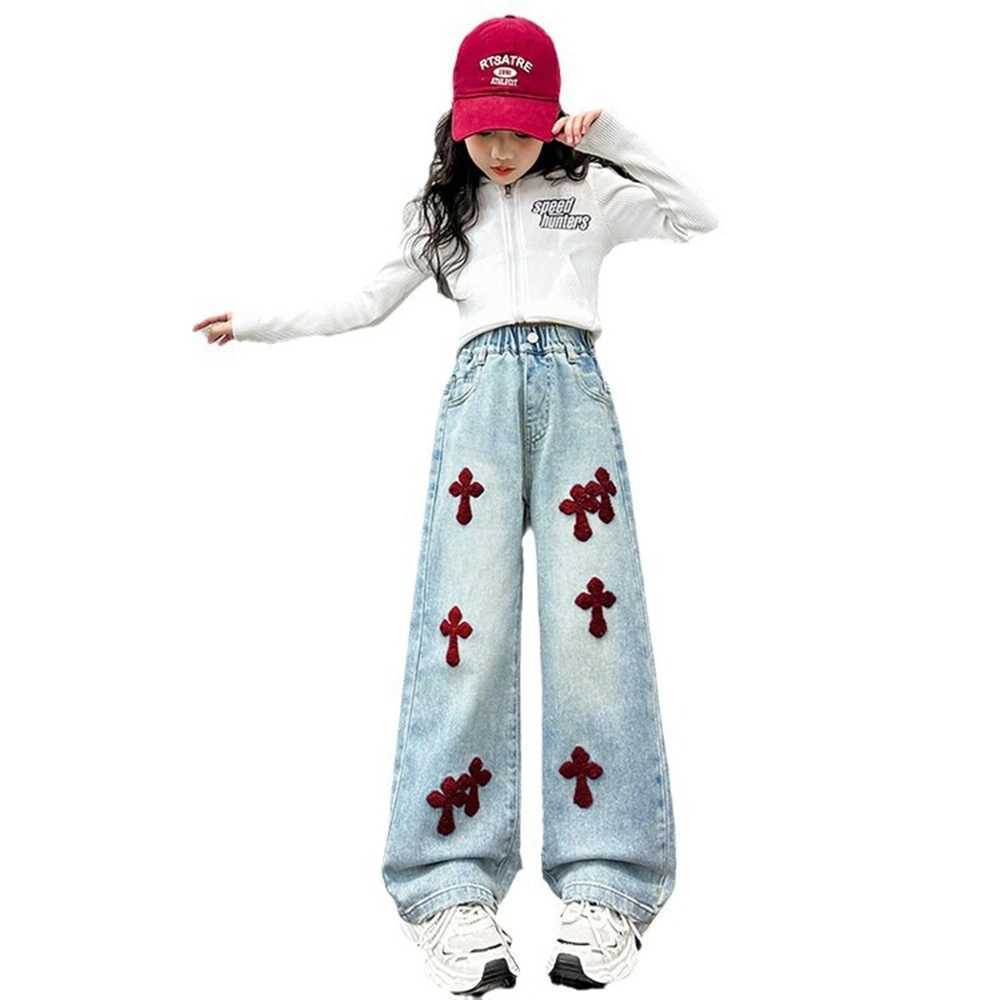 Spring Autumn Teenage Girls Jeans Child Towel Embroidered Wide Leg Long Pants Baggy Denim Trousers for Kids 6 8 10 12 14YrsT250326