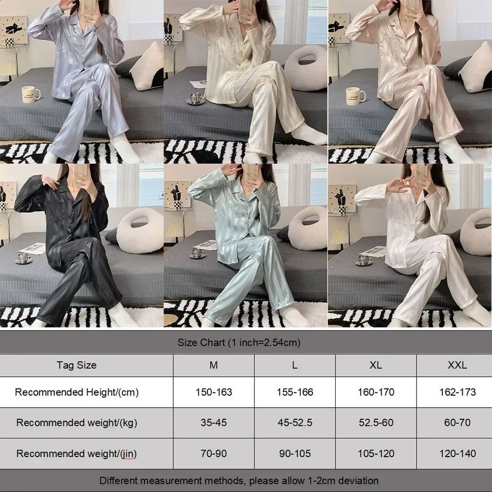 Women Pajamas Striped Pijama Sets Silk Satin Female Home Clothes Sleepwear Longsleeve Shirt Pants Homewear Shirt Pants Loungewea 250319