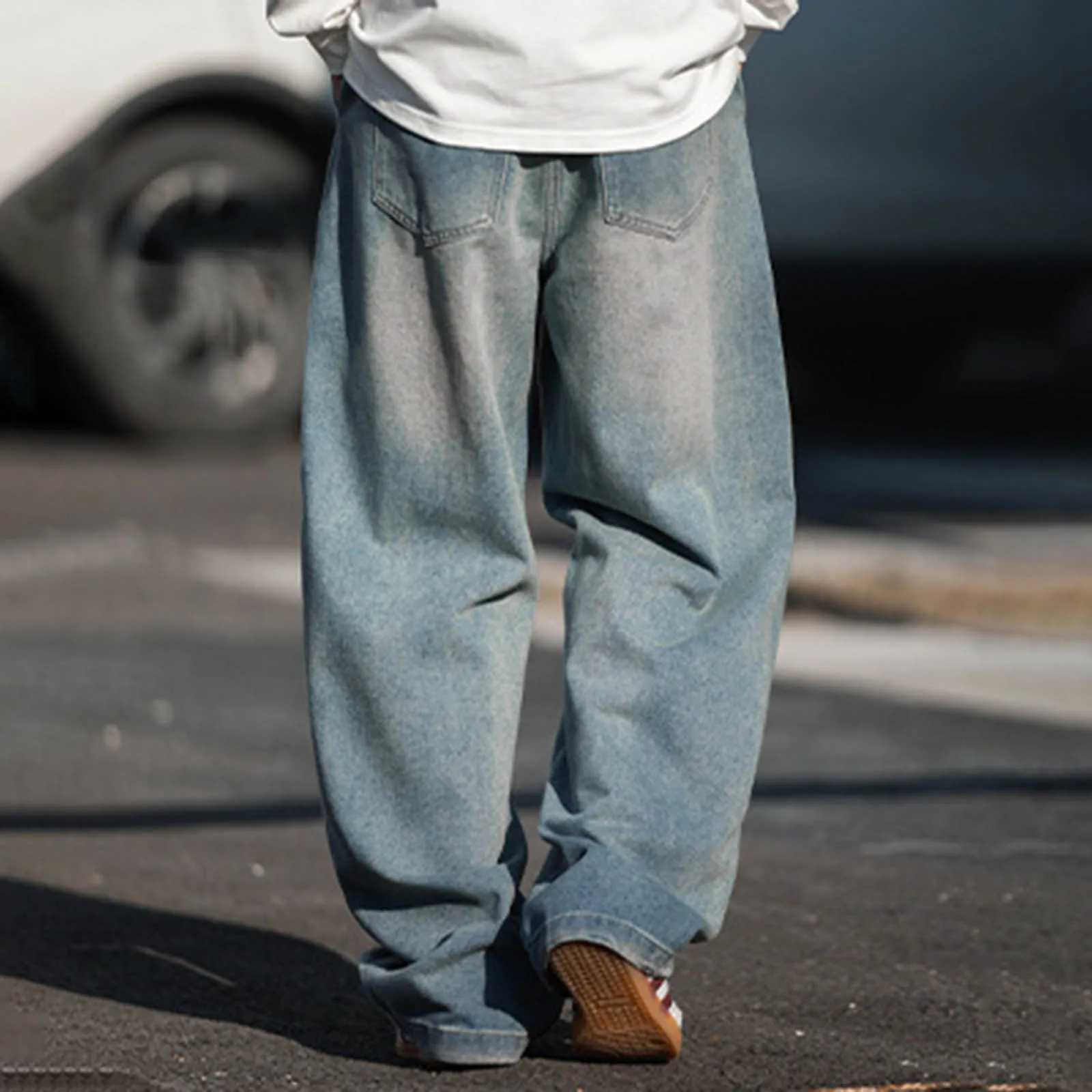 Y2k washed jeans mens retro patchwork fashion bag 2025 new straight leg jeans mens American streetwear simple mens jeansT250319