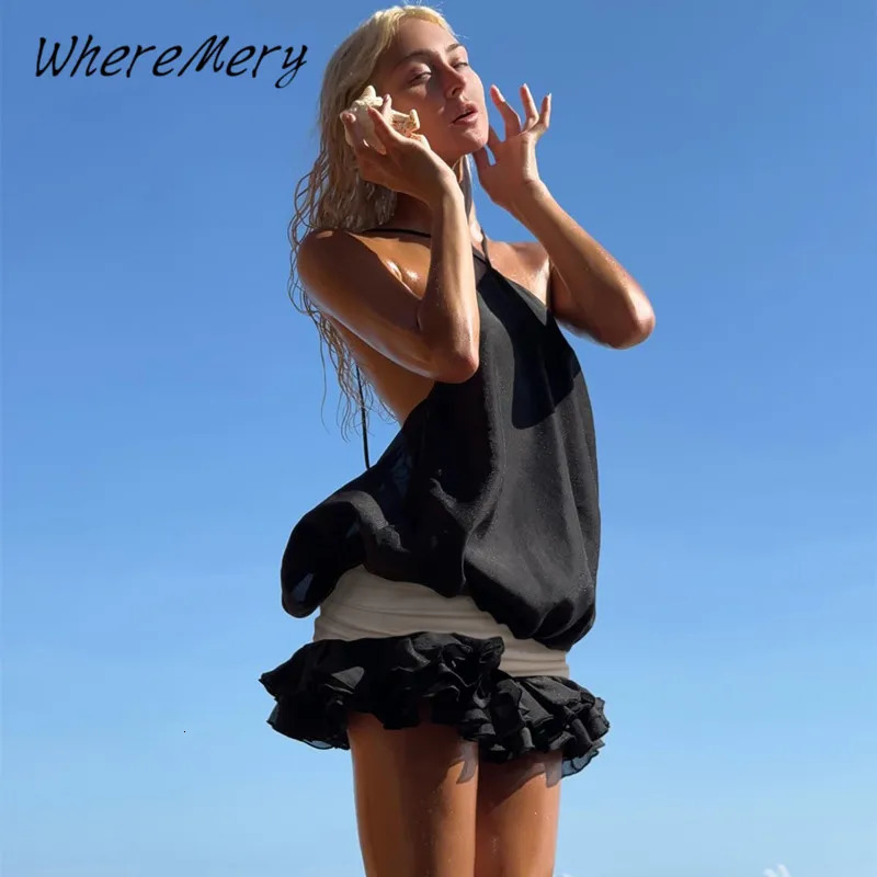 WhereMery Sexy Irregular Vacation Dress Y2K Summer Backless Bandage Folds Mini Dresses Beach Party Club Women Vestido 250320
