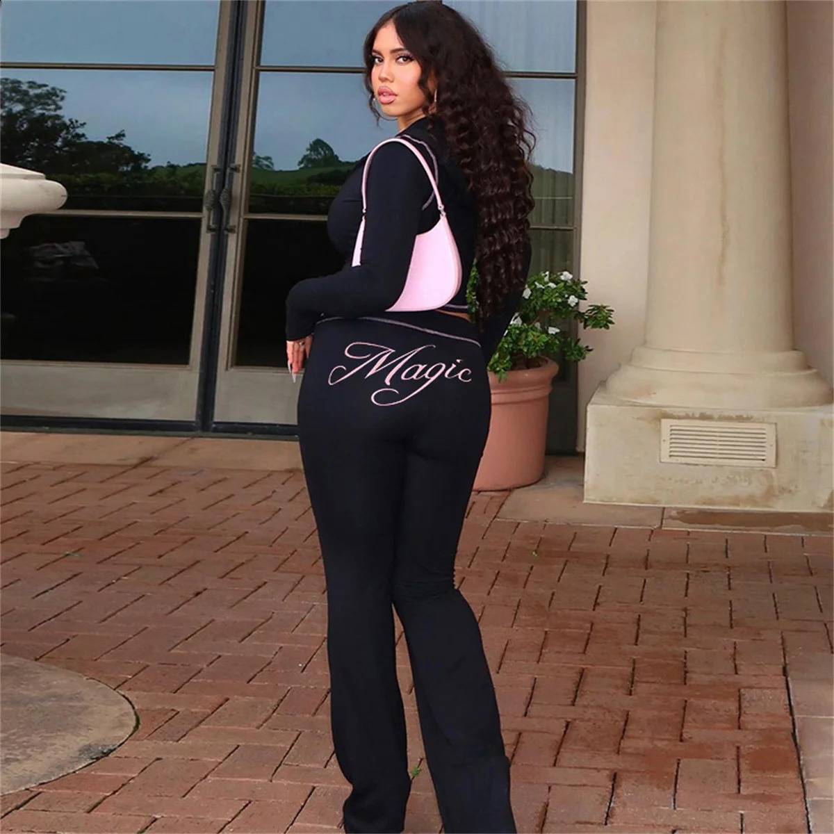 Leopard Contrast Letter Print 2piece Womens Hooded Full Sleeve Crop JacketTight Stretch Shining Pants Trend Matching Set 250319