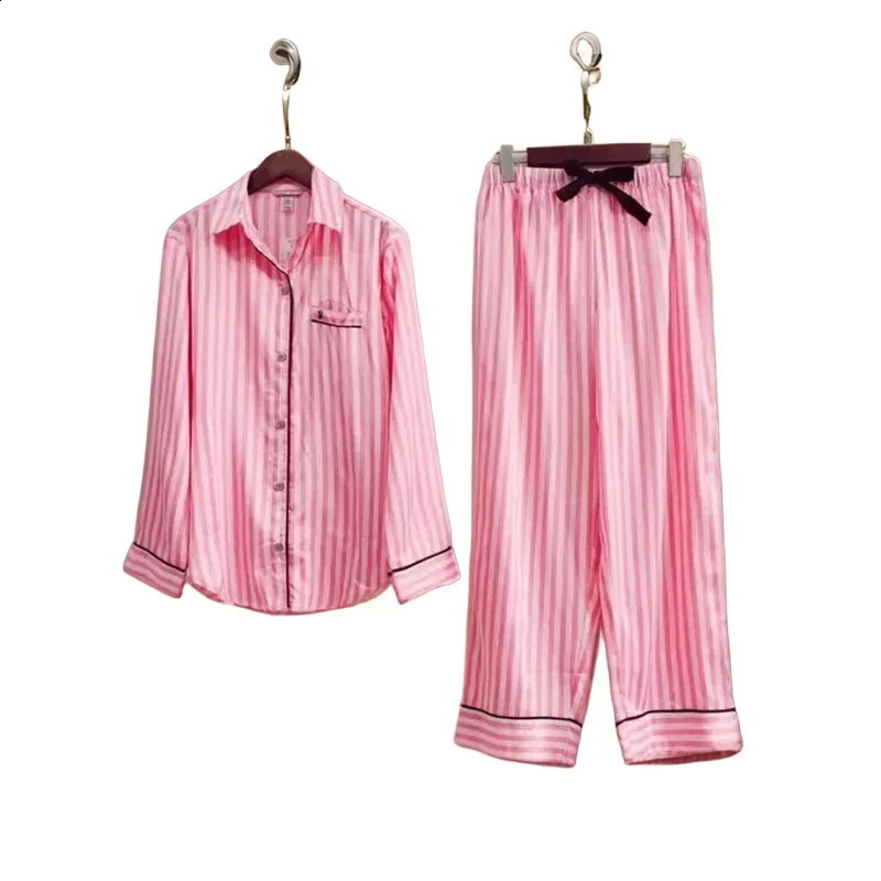 Autumn Womens Long Silk Pajamas Two -piece Satin Noodle Cardigan Casual Clothes Thin Fashion Loose Home Service 250319