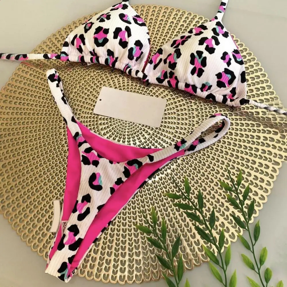 Breathable Swimsuit Leopard Print Halter Bikini Set Cherry Print Thong Swimsuit Sexy High Waist Lace-up Bathing Suit for Women 250319