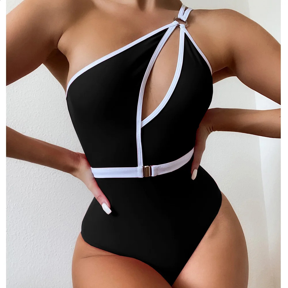VigoCasey Hollow Out One Shoulder Swimwear Women Sexy One Piece Swimsuit Female High Waist Monokini Solid Belt Bathing Suit 250319