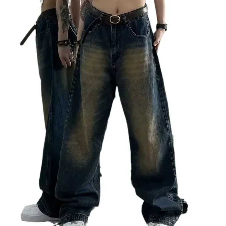 Womens jeans Distressed full-length wide leg denim pants spliced zipper fly vintage jeans pocket high street loose suit washingT250319