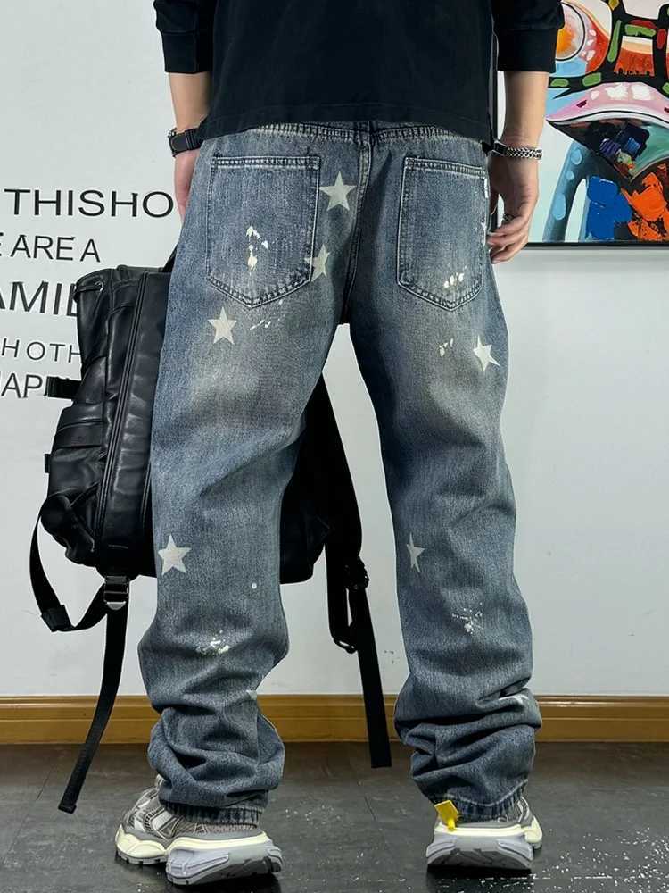 American streetwear splatter ink five dot star print mens jeans retro casual denim skateboarding pants hip-hop mens TrousersT250319