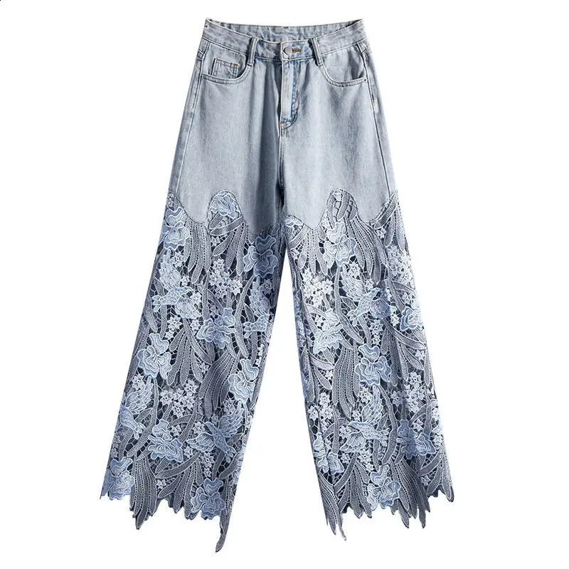 Summer Retro Flower Hollow Jeans Cool Pants Womens Pants Loose Street Casual Trousers 250314
