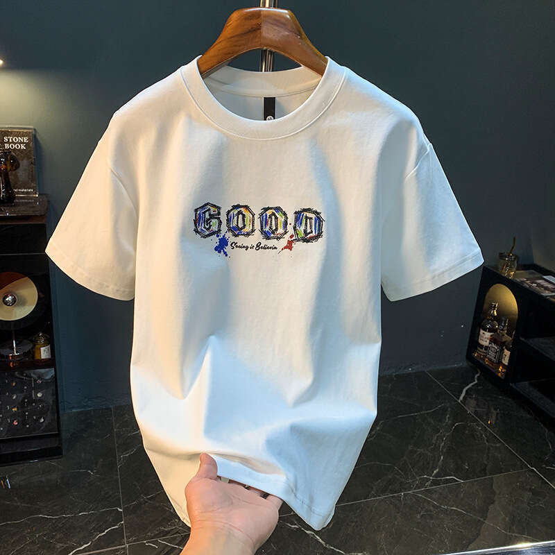 Loose short T-shirt for men in summer, thin design, painted art printed T-shirt, trendy and versatile youth five quarter sleeved top