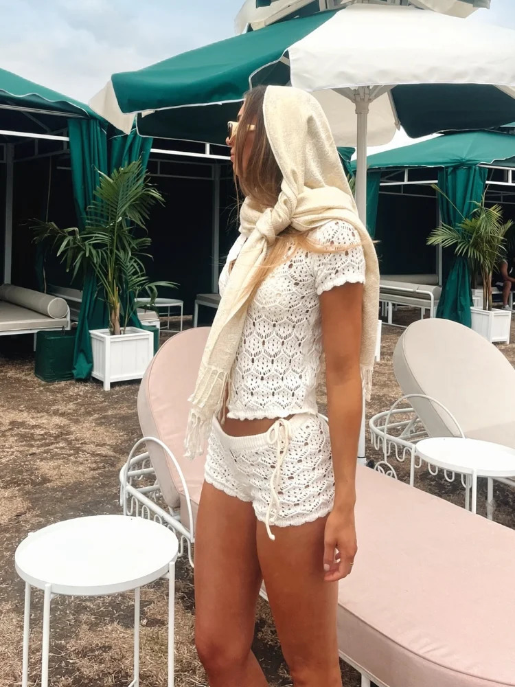 Casual Solid Women Hollow Out Knitted Short Set 2025 Fashion See Through O Neck Singlebreasted 2 Piece Spring Lady Outfit 250320