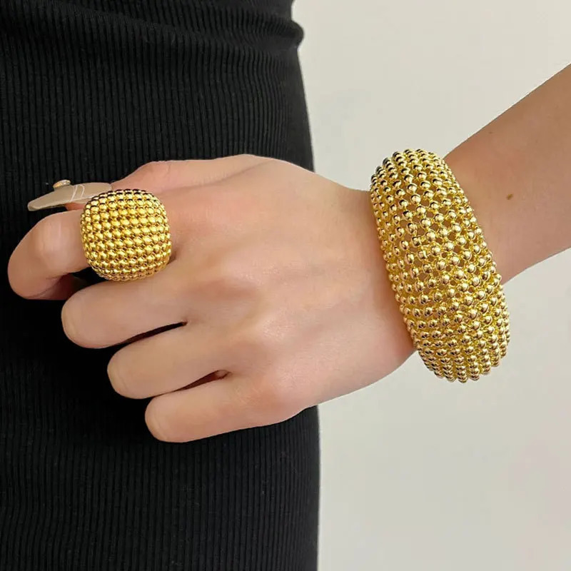Vintage Heavy Metal Hollow Round Ball Beaded Open Bracelet Bangle for Women Girls Exquisite Trendy Party Jewelry Gifts 250320