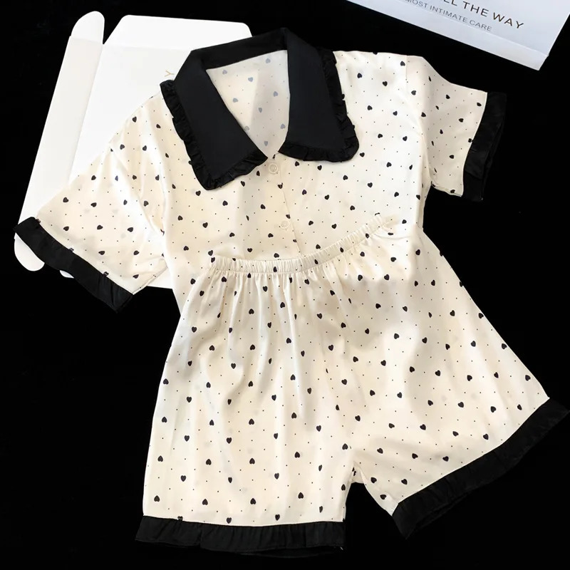 Summer Ladies Ins Cute Doll Collar Polka Dot Love Print Pajamas Loungewear Set Ice Silk Short Sleeve Short Pants Leisure Suit 250320