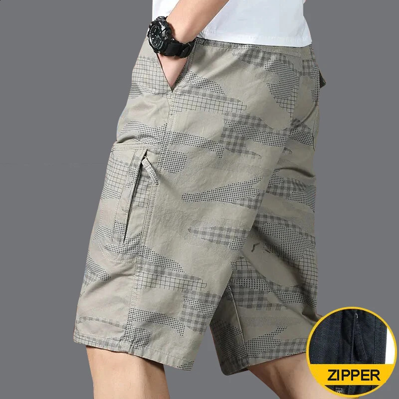 Mens knee length casual shorts with zipper pocket fashionable and loose pure cotton beach running 250312