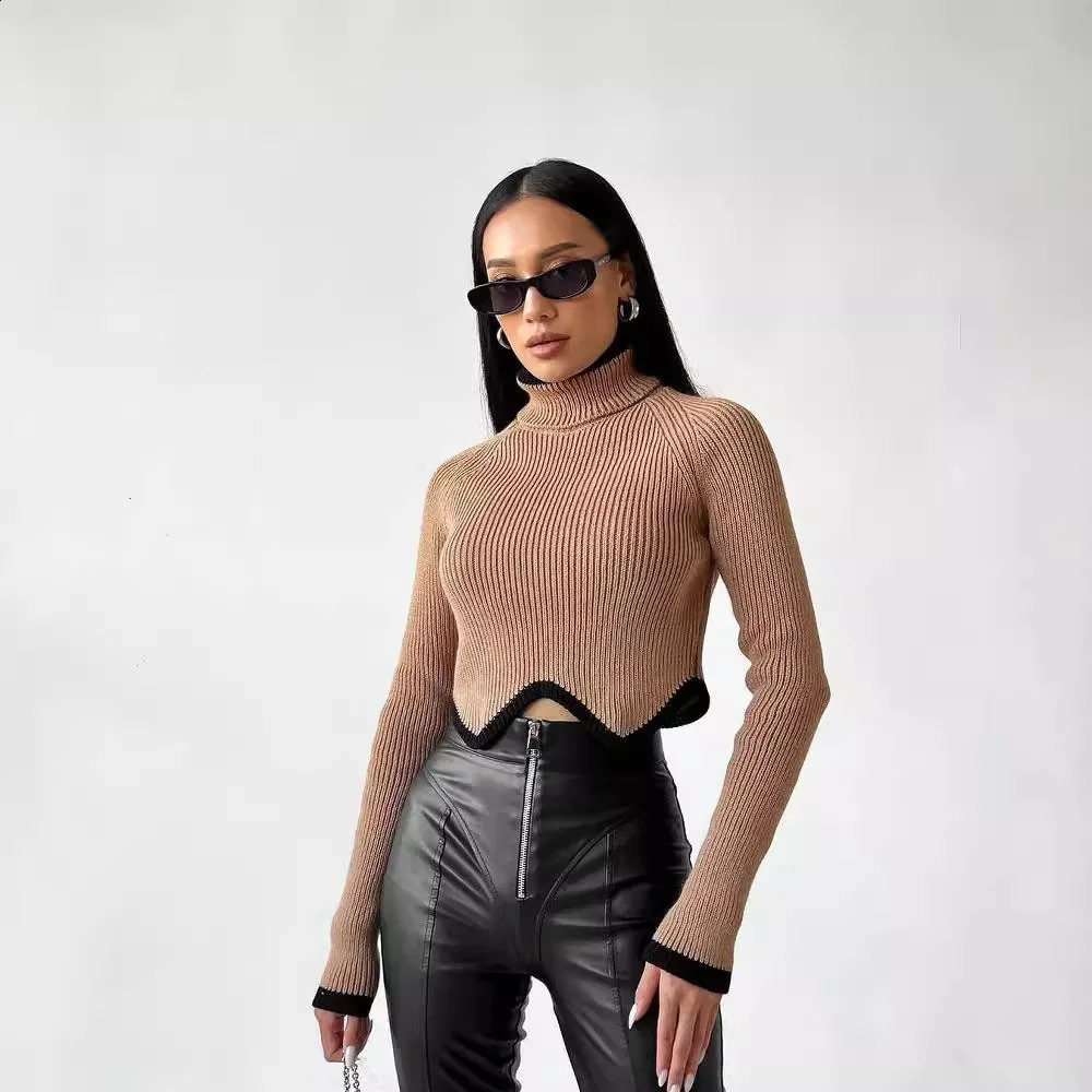 2024 Womens Selling High Collar Irregular Hem Long Sleeve Tight Sweater 250318