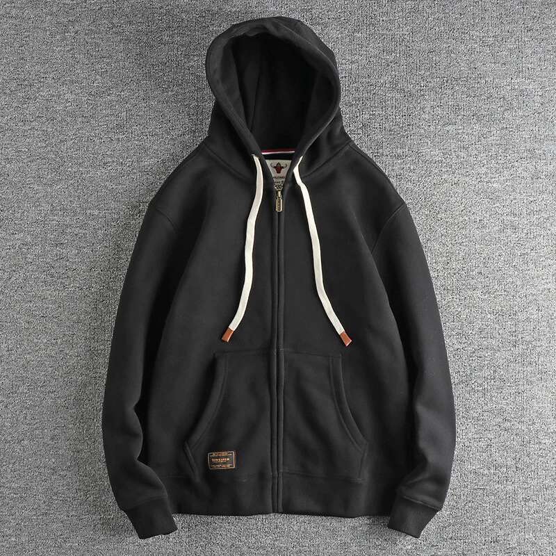 Autumn Winter American Retro Heavyweight Long Sleeved Hooded Hoodies Men's Simple Thickened Veet Casual Cardigan Sweatshirts