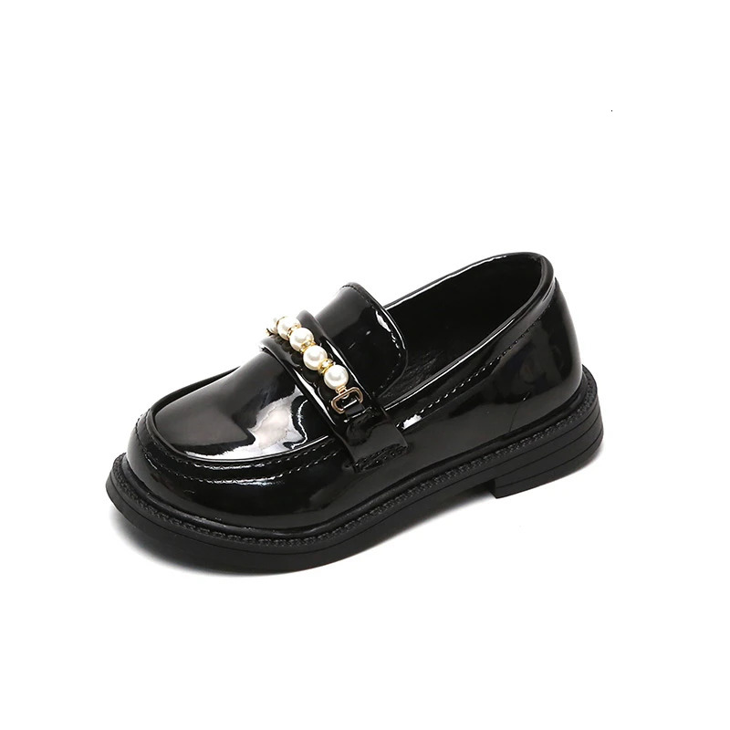 Girl leather shoes school party childrens wedding black coat apartment British style pearl beads 250319