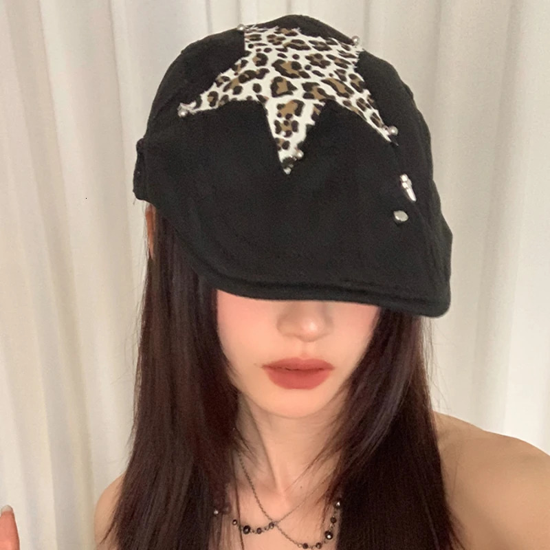 American Retro Babe Style Berets Y2k Summer Versatile Fashion Leopard Print Sticker n Sun Protection Forward Hats Woman 250320
