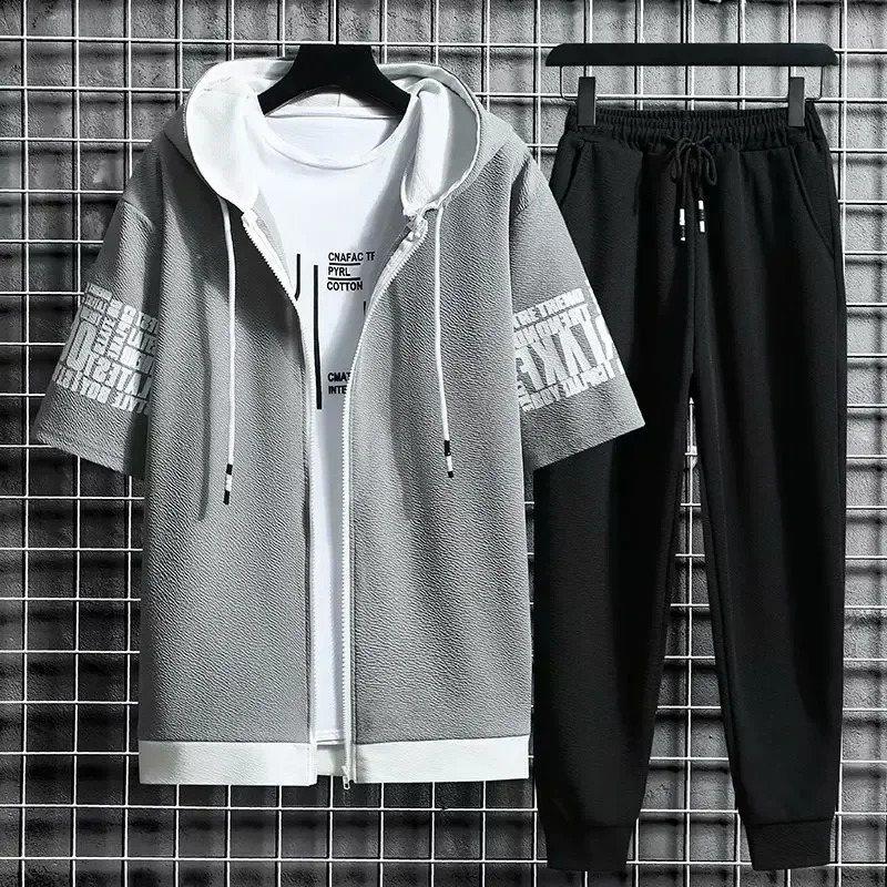 Set for Men Summer Mens Sports Suit 2-piece Print T-shirt Casual Hooded Quick Dry Running Long Pant Clothes Short Sleeve Shorts 250319