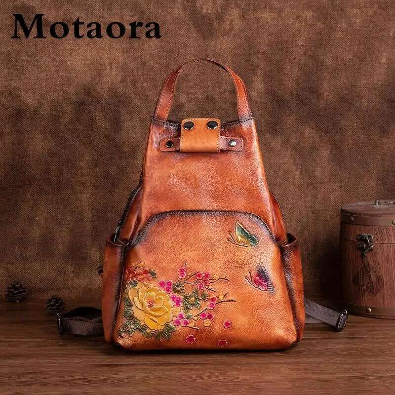 MOTAORA Ral Emed Leather Backpack For Women, Vintage Cowhide Shoulder Bag, Handmade Crossbody Purse With Adjustable Strap