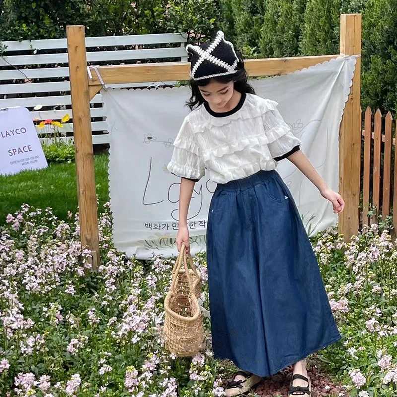 Summer Teen White Girl Trend Niche Short Sleeve Top Korean Big Kids Ear Edge Doll Short Sleeve T-shirt Chiffon ShirtT250320