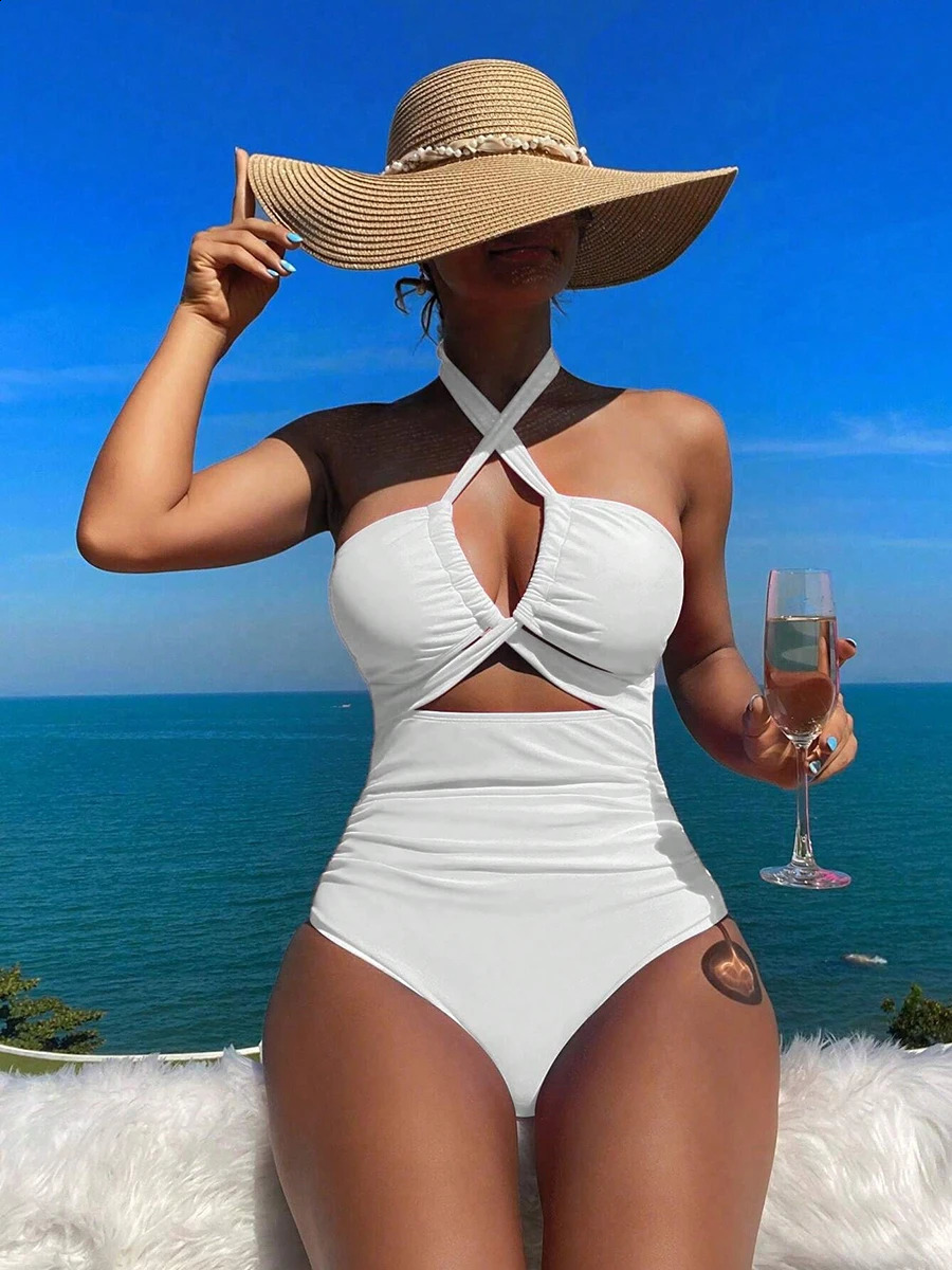 Drawstring Onepiece Women Swimsuit 2025 Swimwear Female High Waisted Bikini Bandeau Halter Bathing Suit Swimming for Monokini 250319