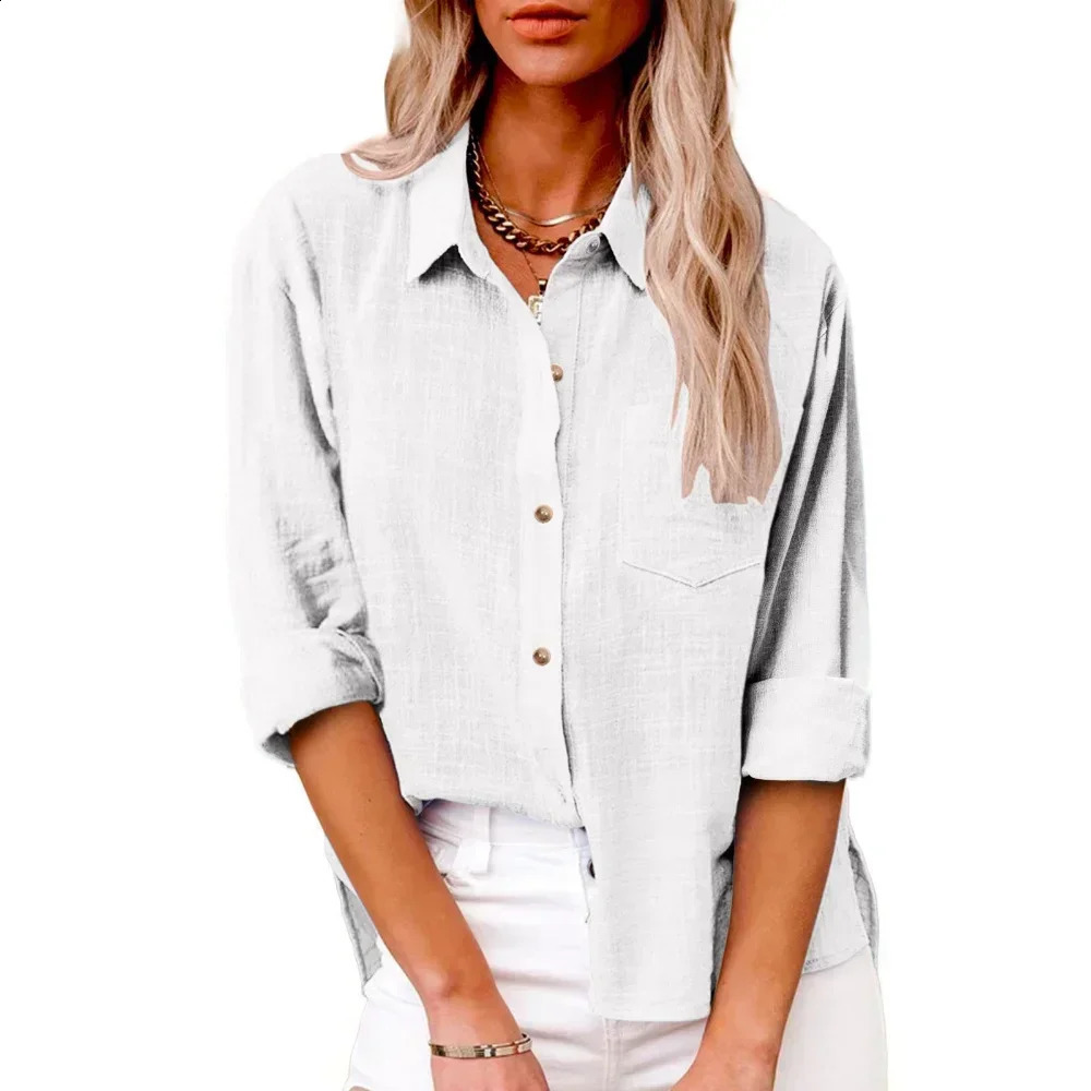 Cotton Linen Long Sleeve Shirts for Women T Shirt Solid Fashion T-Shirt Woman Clothes Tshirt Elegant Casual Tops Tees Streetwear 250314