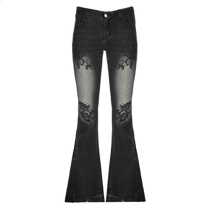 Rockmore Streetwear Low Rise Flare Jeans for Woman Y2K Aesthetic Print Jean Pants Vintage Washed Denim Trouser Grunge Fairycore 250319
