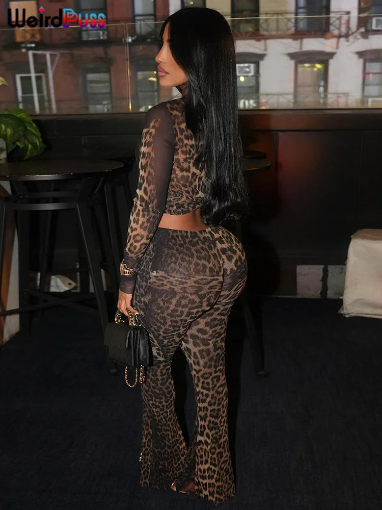 Weird Puss Leopard Print Sexy 2piece Set Women See Through Midnight Full Sleeve Crop TopPants Match Club Clothing Tight Clothes 250320