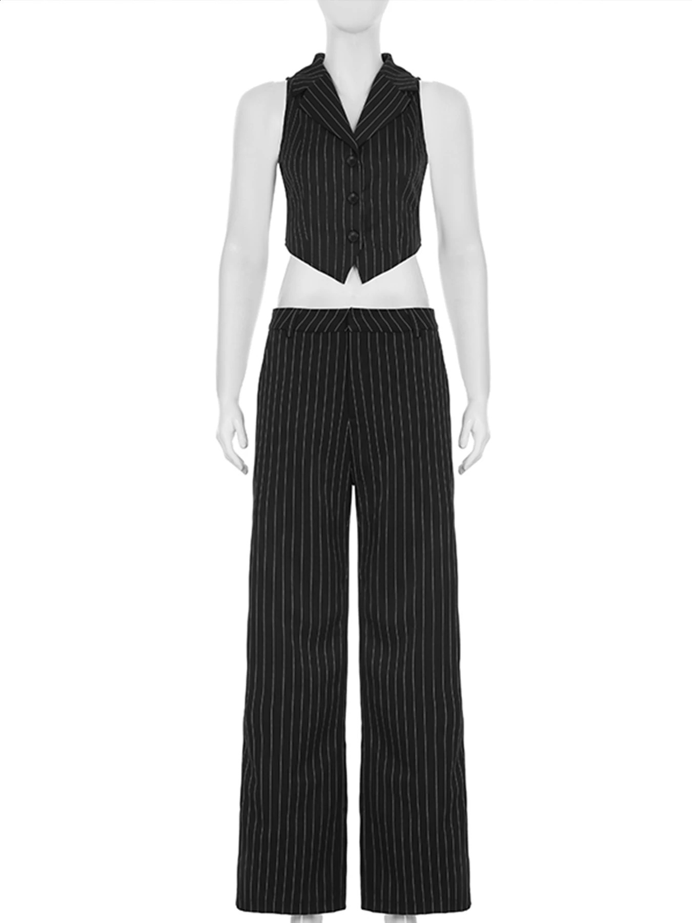 IAMSURE Elegant Fashion Striped Pants Set for Women 2025 Sexy Slimming 2piece Vneck Sleeveless Crop Top Middle Waist 250319