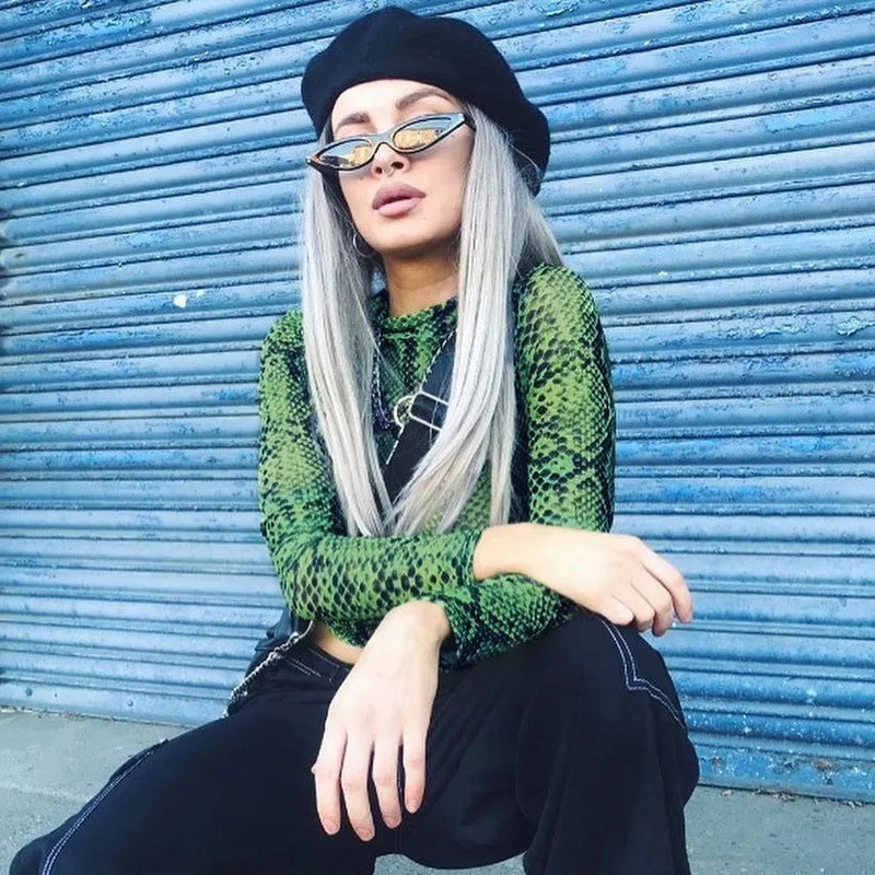 Casual Green Snake Print T Shirt Women Mesh Top Long Sleeve Transparent Snakeskin Female T-shirt High Neck Crop Tops 250320