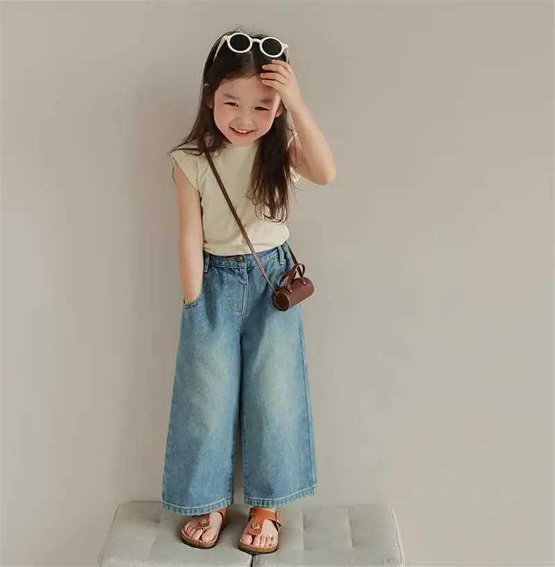 Interesting Bear Girl Clothing Childrens Clothing Summer Bag Multi Pocket Elastic Waist Jeans Wide Leg PantsT250326