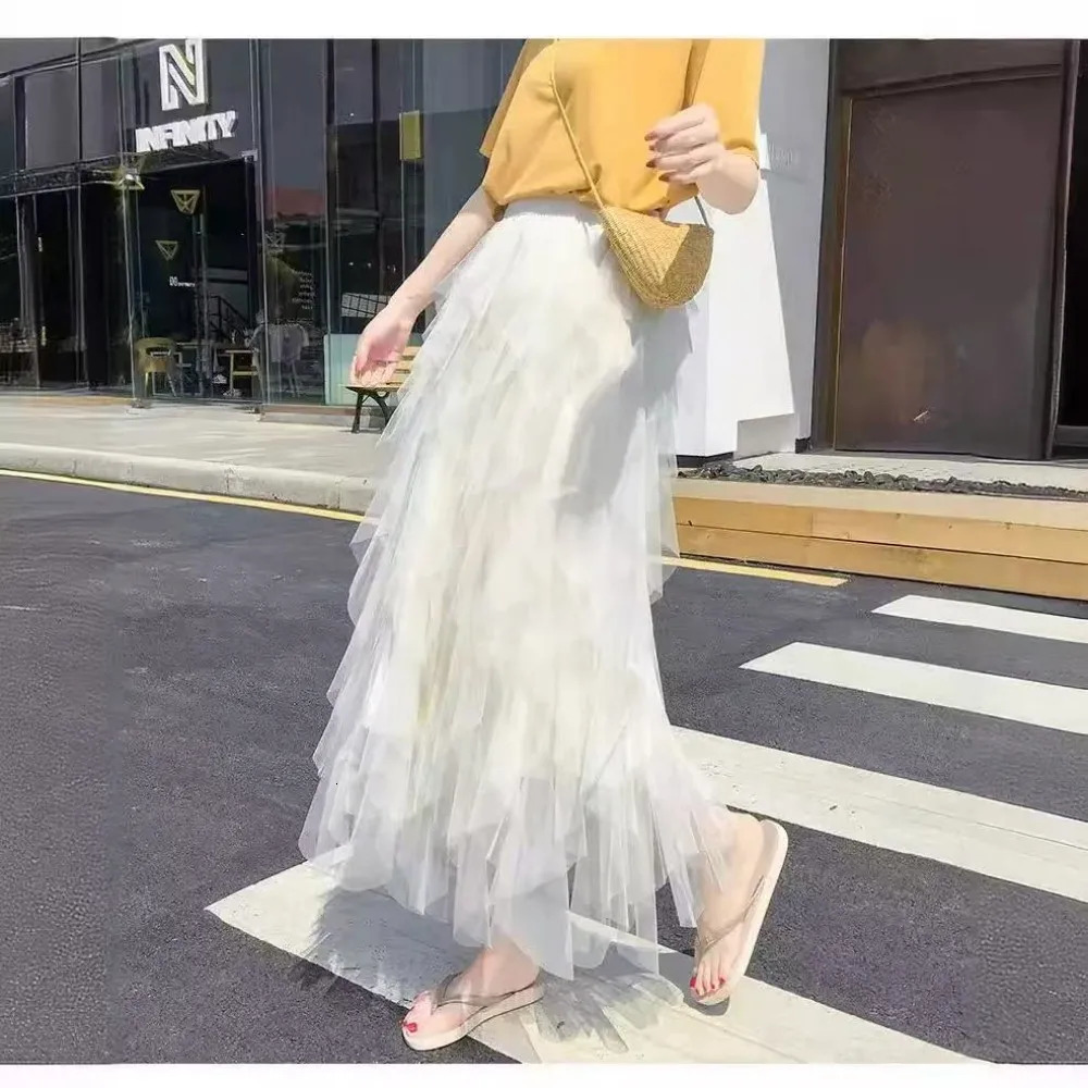Tutu Tulle Long Maxi Skirt Women Fashion 2025 Korean Cute Pink High Waist Pleated Skirt Mesh Female Lady Aesthetic Faldas 250320