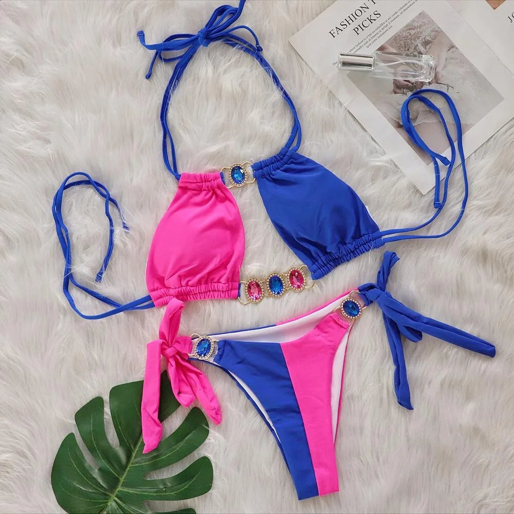 SERENECHIC 2025 Sexy Splicing Bikini Set Crystal Diamond Blocks Color Two Piece Swimsuit Womens Beach Wear 250319