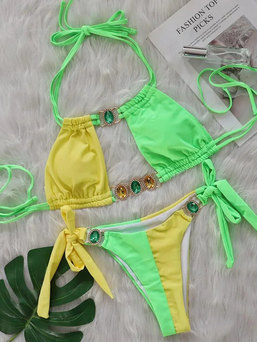 Splicing Halter Jewelled Diamond Bikini 2025 Women Swimsuit Female Swimwear Two Pieces Bikini Set Hollow Out Bathing Suit Swim 250320