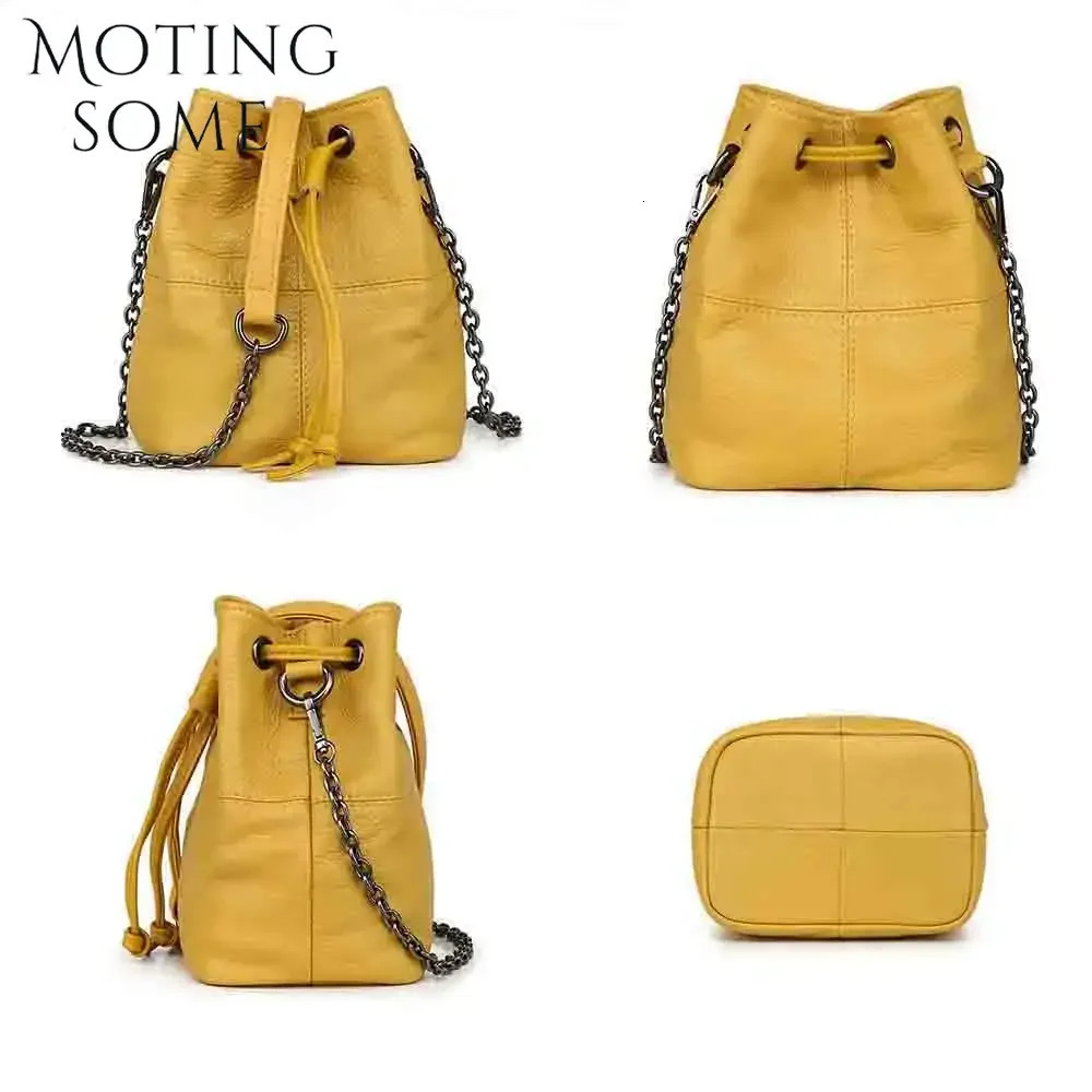 Motingsome Samll Womens Bucket Bag 100% Natural Leather Handbag Chain Shoulder Wallet Womens Mini Bag Yellow 250317