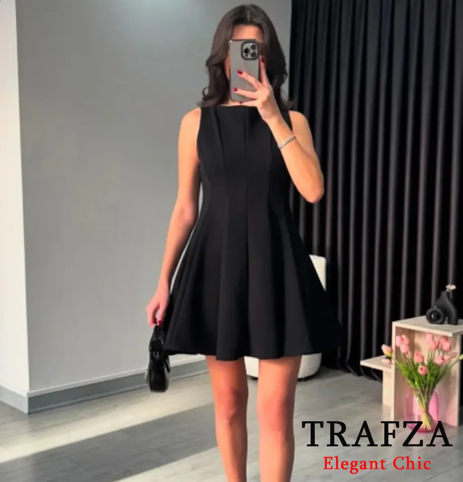 TRAFZA Women Elegant Pleated Dress Sleeveless Slim Short Red White 2025 Summer Fashion Holidays Party Black 250319