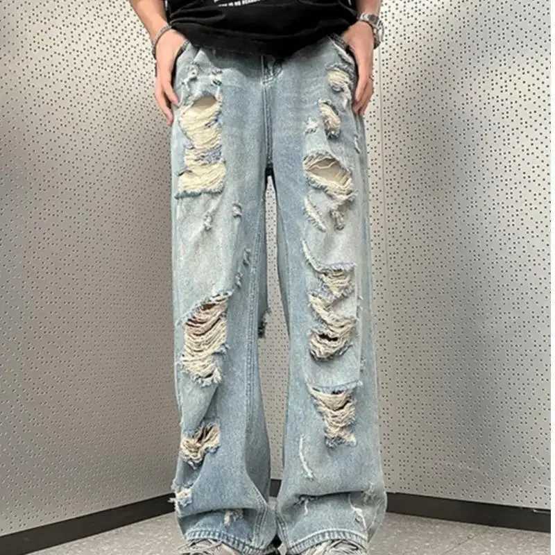 Vintage Distressed Straight-leg Jeans American Style Slimming Bell Bottoms Loose Fit High-waisted Summer Thin Version For MenT250319
