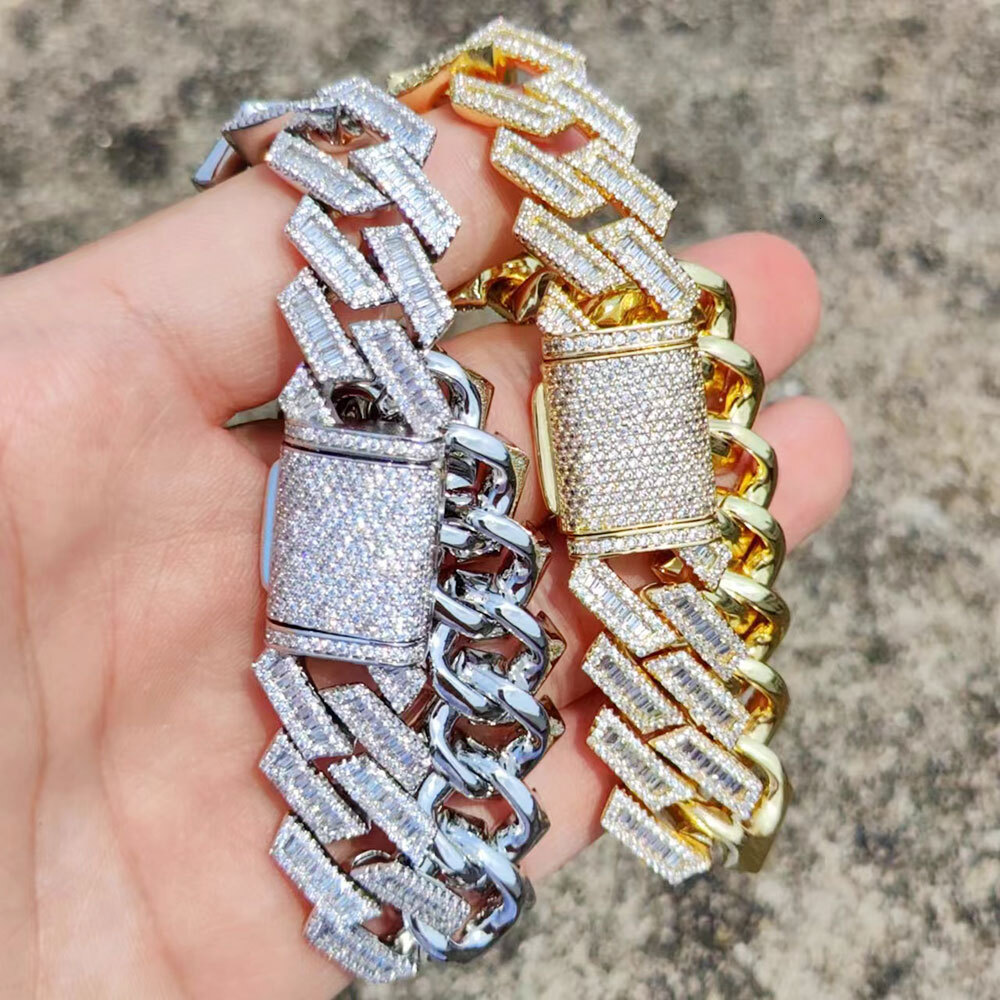 18K Gold Plated Miami Cuban Chain 18mm Iced Out Choker Cuban Link Chain Rectangle Stone Prong Fashion Hip Hop Jewelry For Men