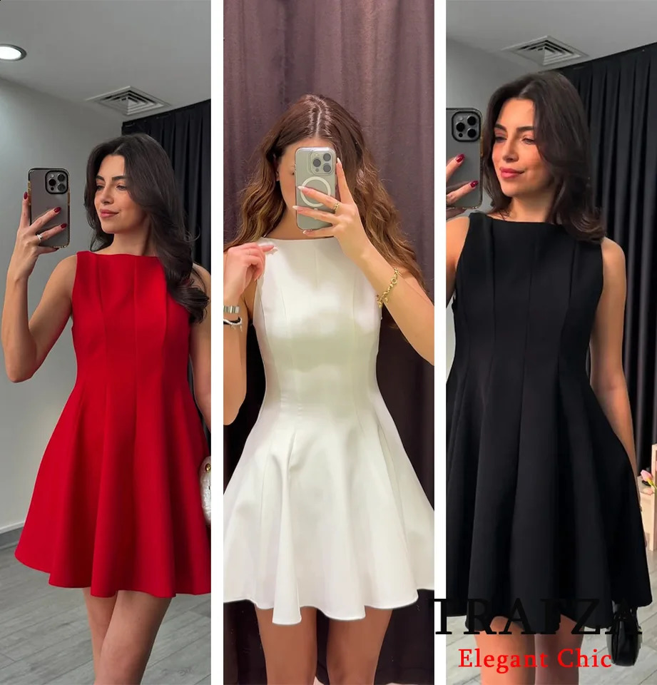 TRAFZA Women Elegant Pleated Dress Sleeveless Slim Short Red White 2025 Summer Fashion Holidays Party Black 250319