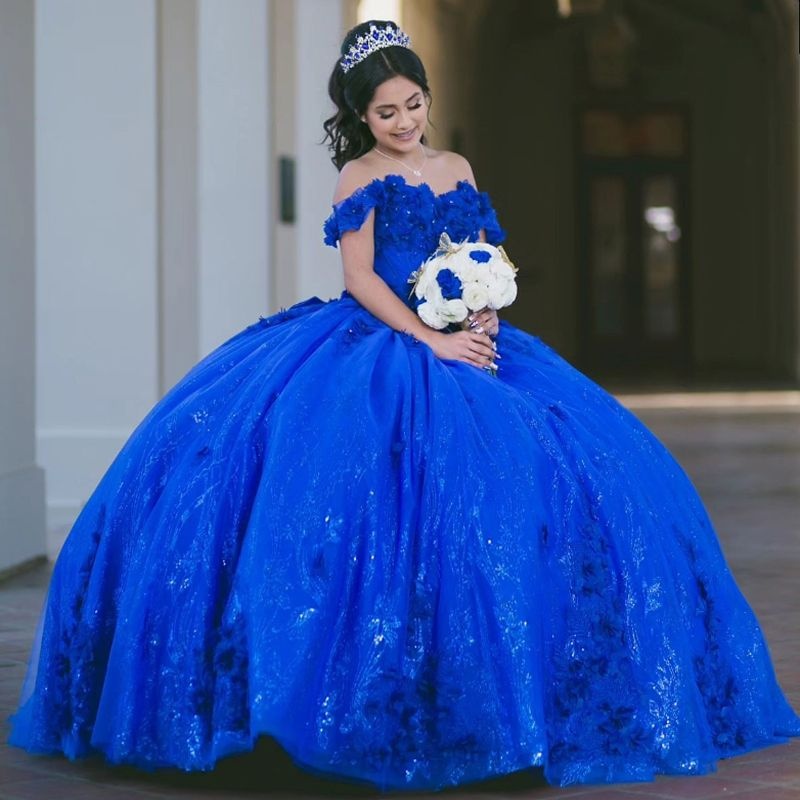 Royal Blue Shiny Quinceanera Dresses Off The Shoulder Princess Applique Beads Crystal Tull Sweet 16 Birthday Party Gown Vestido De 15 Anos