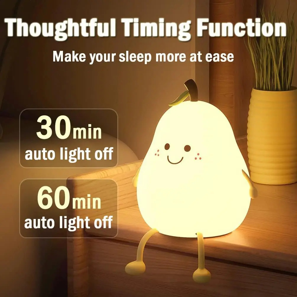 Night Lights for Kids Pear Shaped Cute Silicone Nightlight 4/7 Colors Night Lamp USB Charging for Bedroom Bedside Room 250319