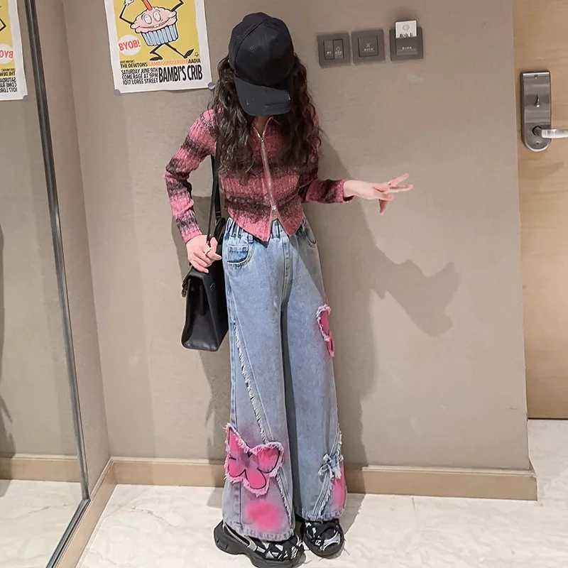 2024 Big Hot Deals Girls Fashion Spray Painting Butterfly Denim Wide Leg Pants High Waist Korean Style Long Jeans Teen TrousersT250326
