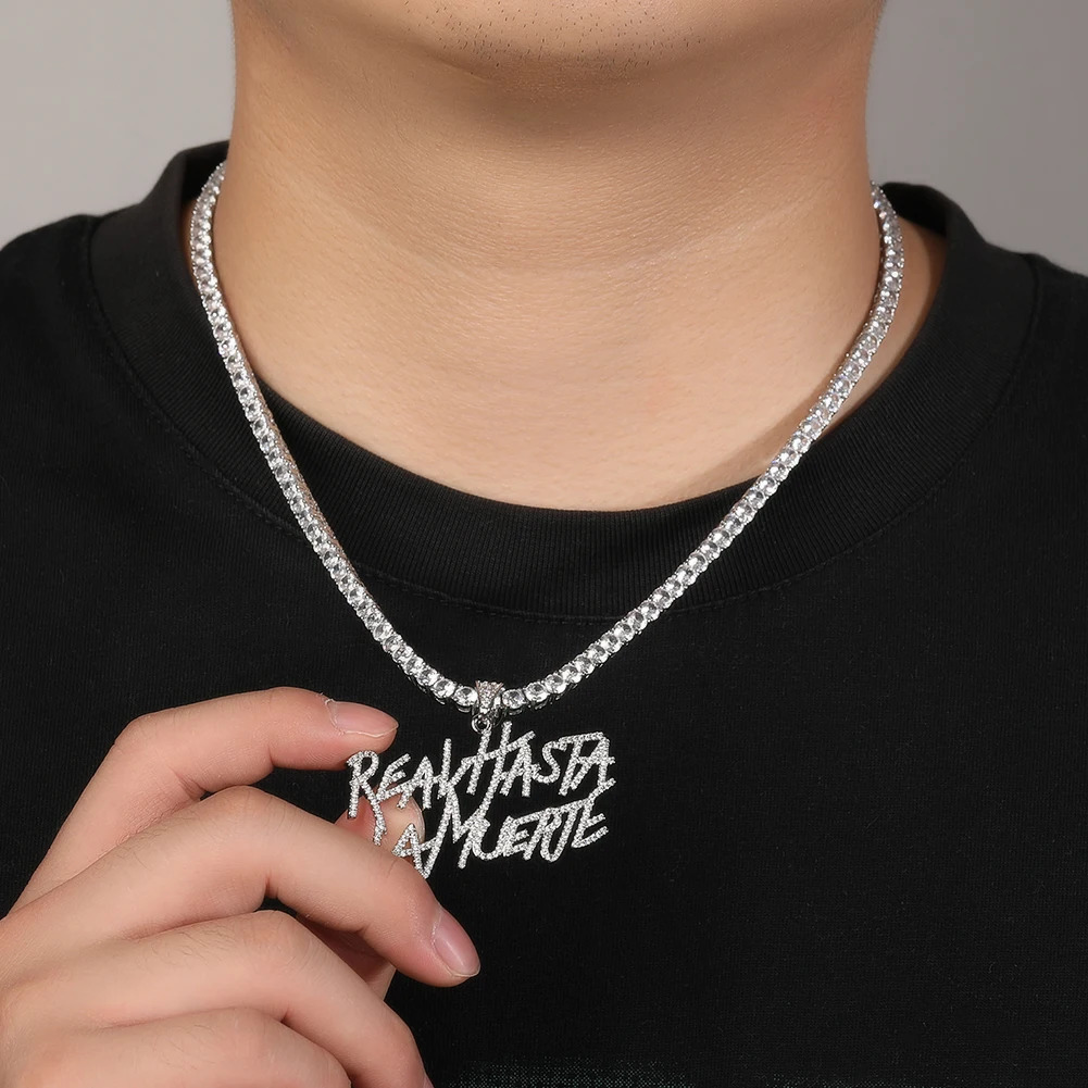 UWIN Cursive Font Real Hasta La Muerte Letters Pendant Necklaces For Men Iced Out Cubic Zircon Charms Fashion Jewelry for Gift 250320