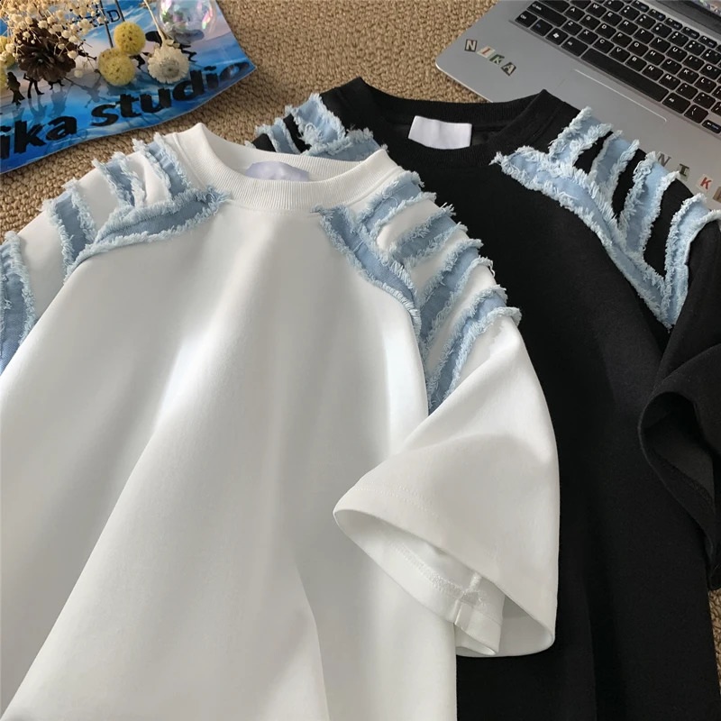 Mens street Tshirt denim patch work n fashion white black retro couple short sleeved top Y2k clothing 250319