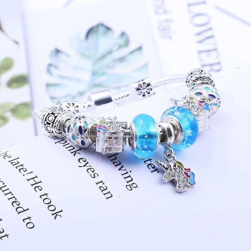 2024 New Cute Blue Crystal Unicorn Charm Bracelet Silver Color Luminous Beads Bracelets for Women Girl Fashion Jewelry Gift