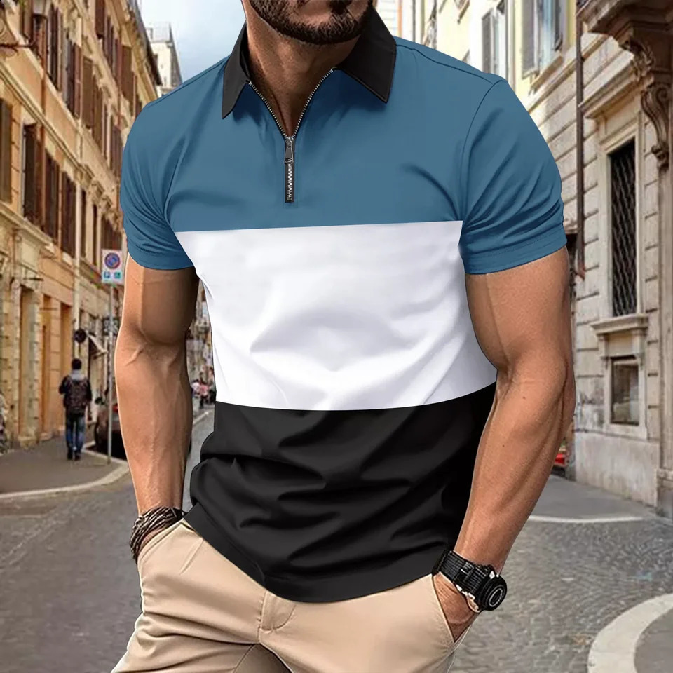Mens Summer Short Sleeved Half Zip Polo Shirt Fashionable and Casual Business Blue and White Patchwork Color Polo Collar 250319