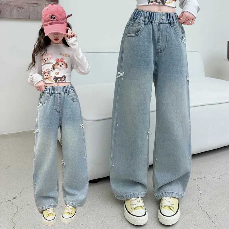 Childrens fashionable jeans with bow suitable for girls Spring Festival jeans casual light blue jeans for teenagers and children Trouser with pearlsT2