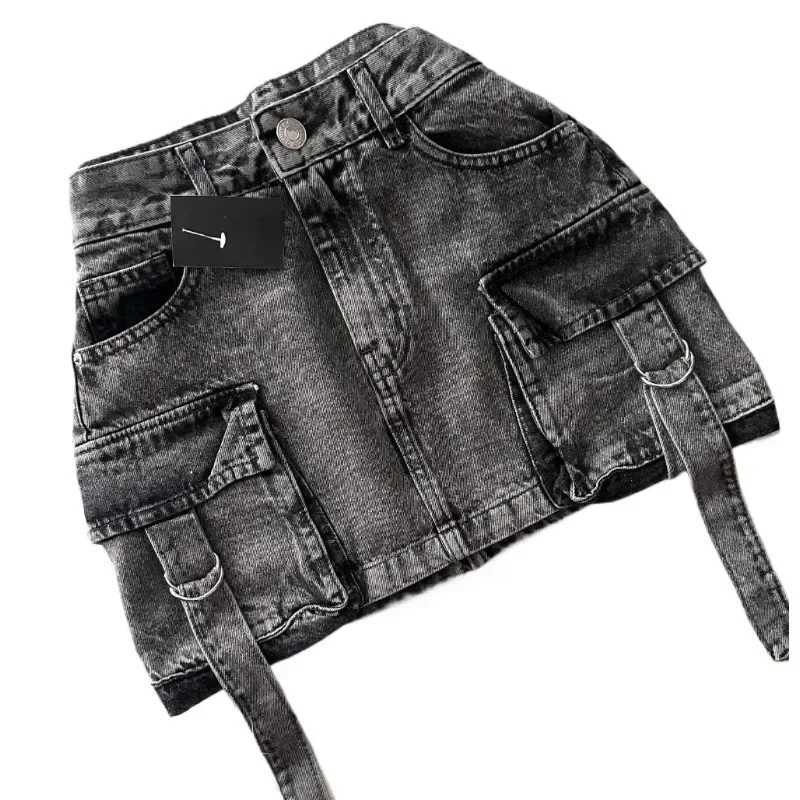 Harajuku Multiple Pockets Denim Plaid Skirt Vintage Goth Black Y2k Mini Skir Fashion Womens Casual Versatile Sexy StreetwearXJ250320