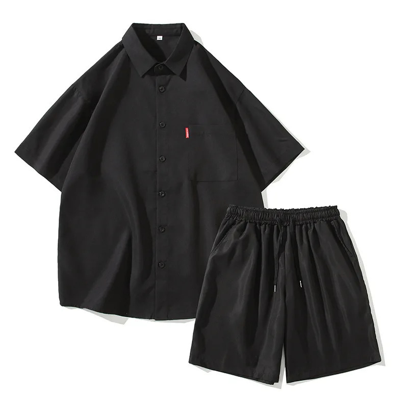 Summer Mens Casual Set Japanese Solid Color Simple Loose Short sleeved Shirt Shorts Two piece 250317