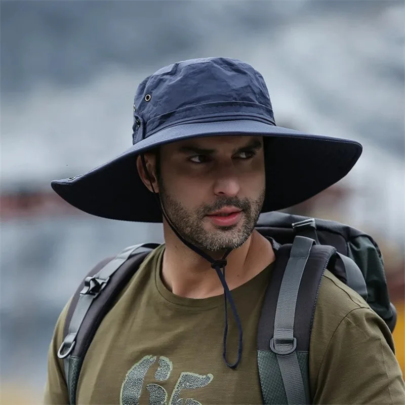 Fashion Summer Bucket Hat Cowboy Men Outdoor Fishing Hiking Beach Hats Mesh Breathable Anti UV Sun Cap Large Wide Brim 250320